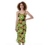 Watercolor Kiwi Pattern Print Slim Fit Midi Cami Dress