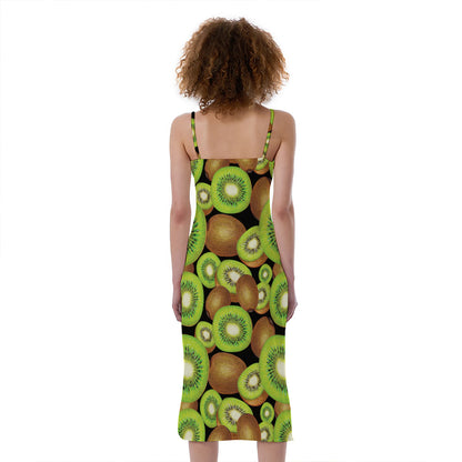 Watercolor Kiwi Pattern Print Slim Fit Midi Cami Dress