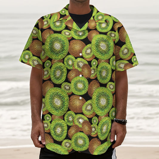 Watercolor Kiwi Pattern Print Textured Short Sleeve Shirt