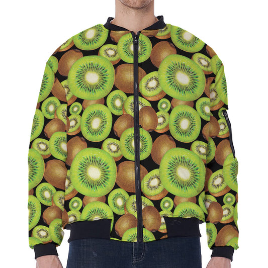 Watercolor Kiwi Pattern Print Zip Sleeve Bomber Jacket