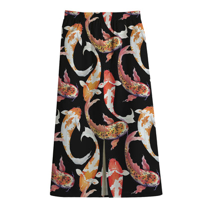 Watercolor Koi Carp Fish Pattern Print Cotton Front Slit Maxi Skirt