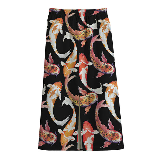 Watercolor Koi Carp Fish Pattern Print Cotton Front Slit Maxi Skirt
