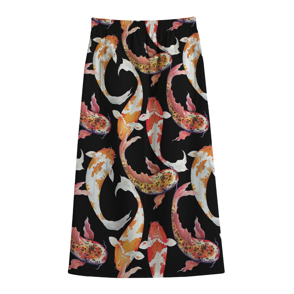 Watercolor Koi Carp Fish Pattern Print Cotton Front Slit Maxi Skirt