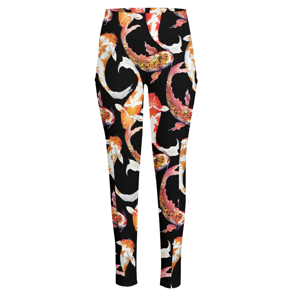 Watercolor Koi Carp Fish Pattern Print High-Waisted Pocket Leggings