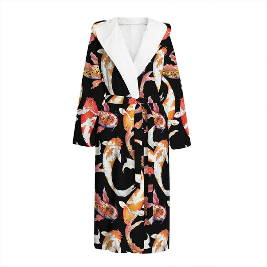 Watercolor Koi Carp Fish Pattern Print Hooded Bathrobe