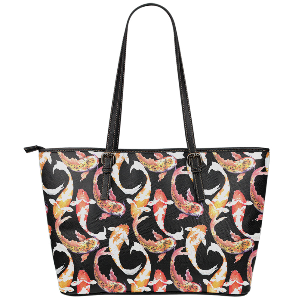 Watercolor Koi Carp Fish Pattern Print Leather Tote Bag