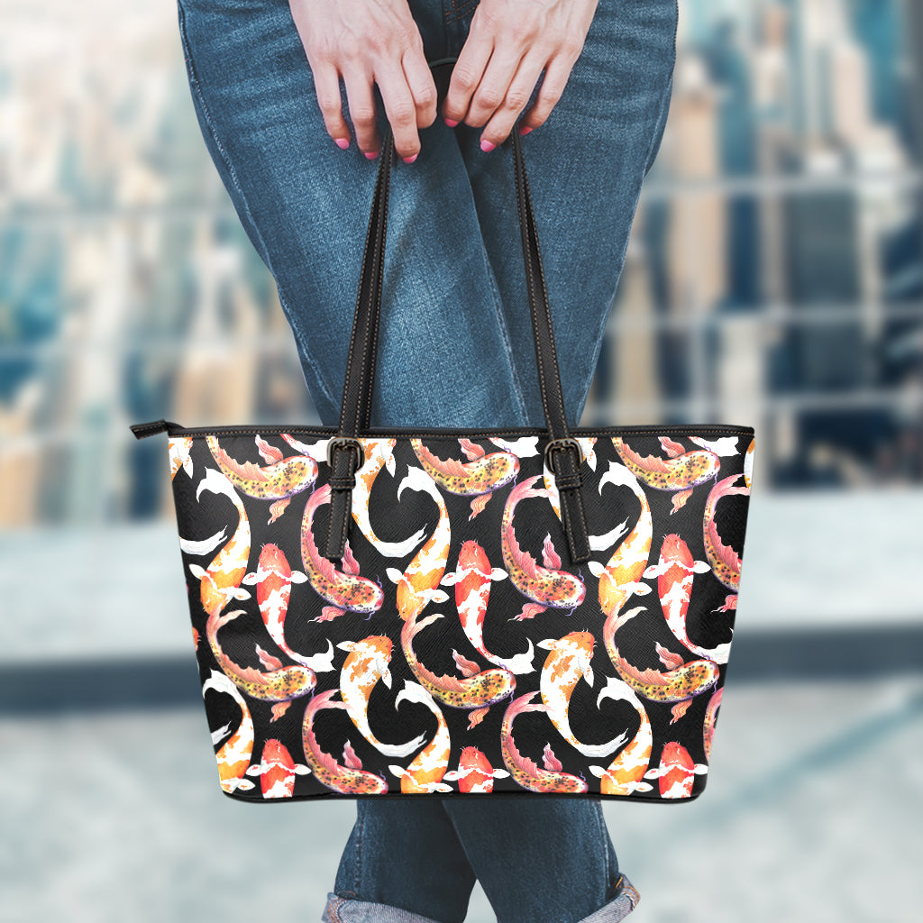 Watercolor Koi Carp Fish Pattern Print Leather Tote Bag