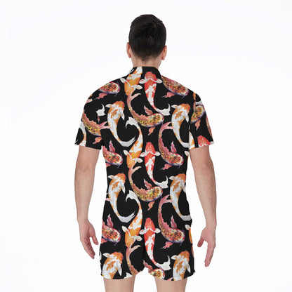 Watercolor Koi Carp Fish Pattern Print Men's Rompers