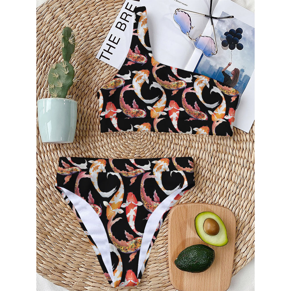 Watercolor Koi Carp Fish Pattern Print One Shoulder Bikini Top