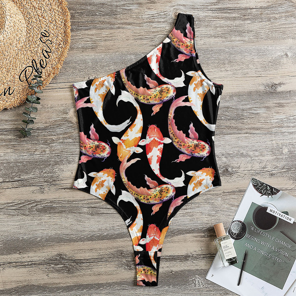 Watercolor Koi Carp Fish Pattern Print One Shoulder Bodysuit