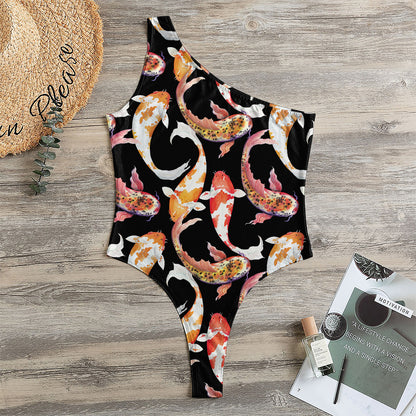 Watercolor Koi Carp Fish Pattern Print One Shoulder Bodysuit