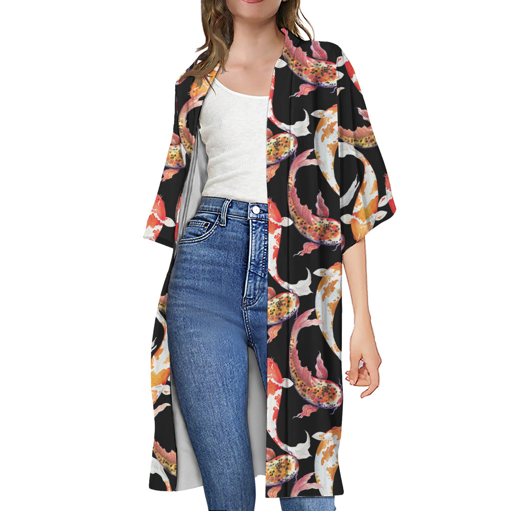 Watercolor Koi Carp Fish Pattern Print Open Front Beach Cover Up