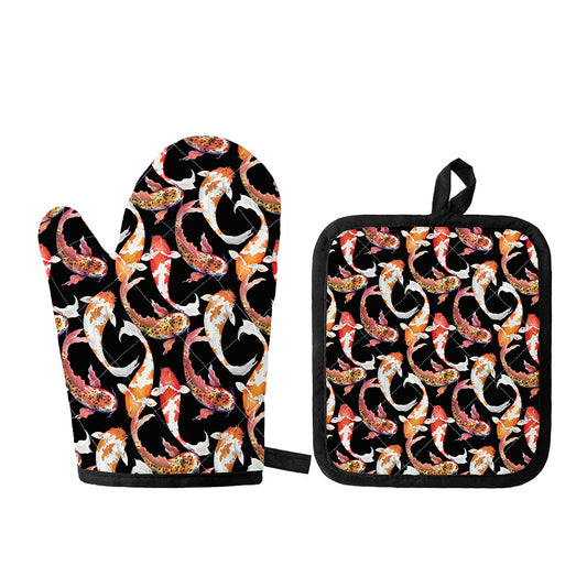 Watercolor Koi Carp Fish Pattern Print Oven Mitt And Pot Holder Set