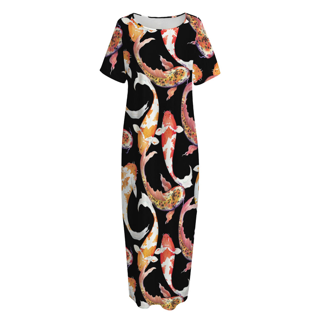 Watercolor Koi Carp Fish Pattern Print Short Sleeve Long Nightdress