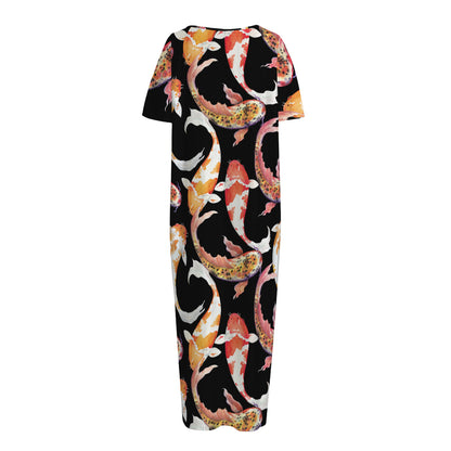 Watercolor Koi Carp Fish Pattern Print Short Sleeve Long Nightdress