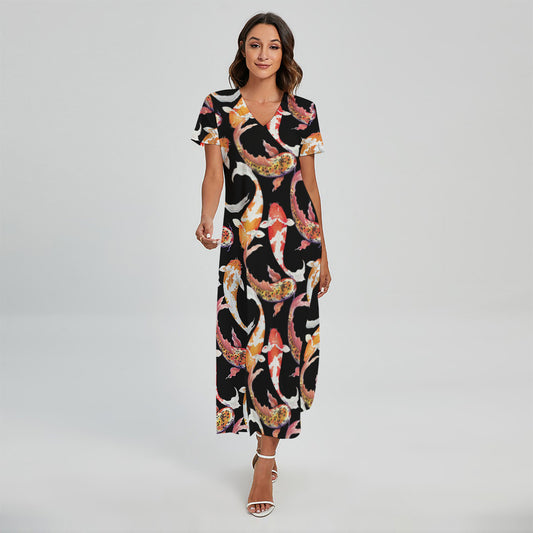 Watercolor Koi Carp Fish Pattern Print Short Sleeve Maxi Dress