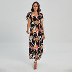 Watercolor Koi Carp Fish Pattern Print Short Sleeve Maxi Dress