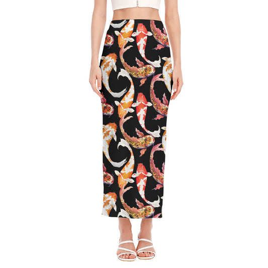 Watercolor Koi Carp Fish Pattern Print Side Slit Maxi Skirt