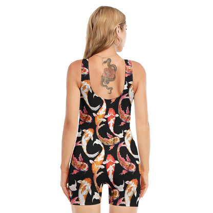 Watercolor Koi Carp Fish Pattern Print Sleeveless One Piece Swimsuit