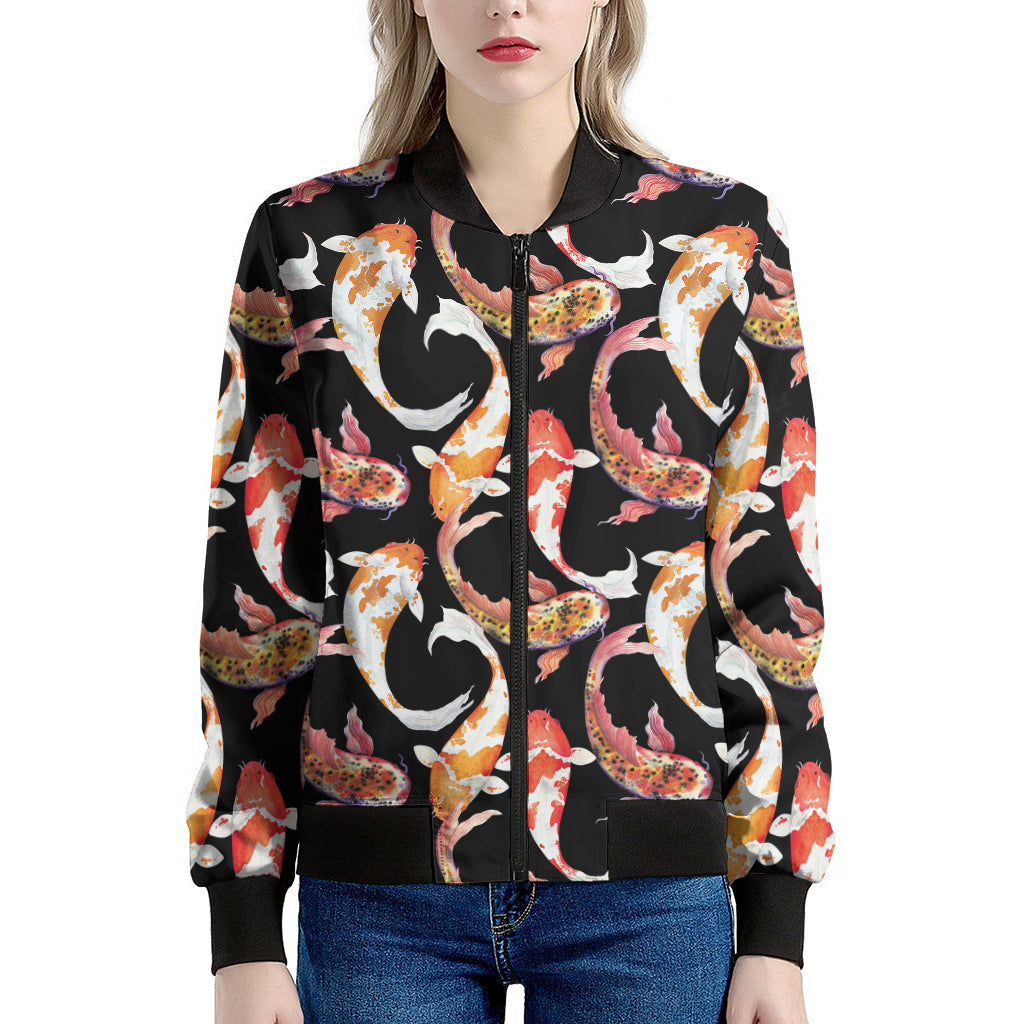 Watercolor Koi Carp Fish Pattern Print Women's Bomber Jacket