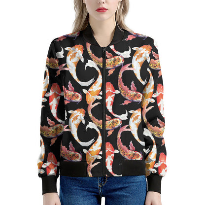 Watercolor Koi Carp Fish Pattern Print Women's Bomber Jacket