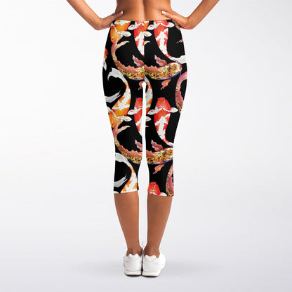 Watercolor Koi Carp Fish Pattern Print Women's Capri Leggings