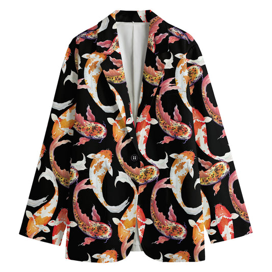 Watercolor Koi Carp Fish Pattern Print Women's Cotton Blazer
