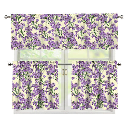 Watercolor Lavender Pattern Print 3 Piece Kitchen Curtains