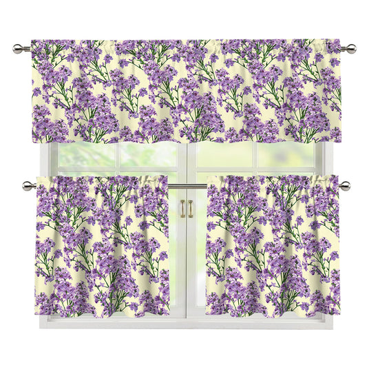 Watercolor Lavender Pattern Print 3 Piece Kitchen Curtains