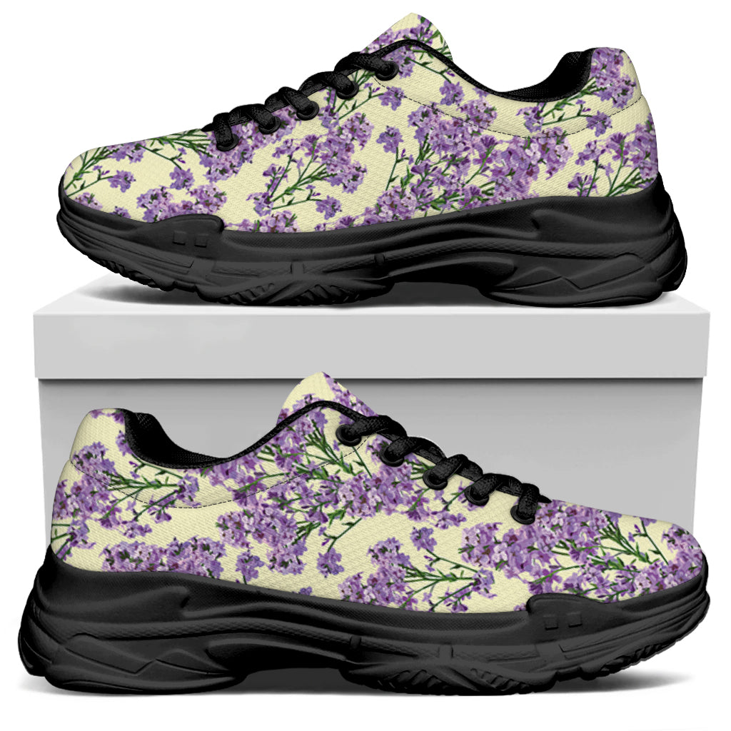 Watercolor Lavender Pattern Print Black Chunky Shoes