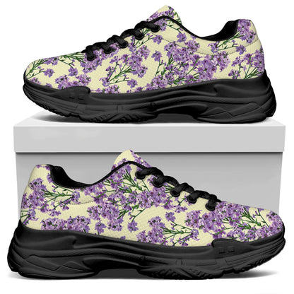 Watercolor Lavender Pattern Print Black Chunky Shoes