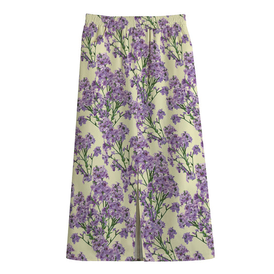 Watercolor Lavender Pattern Print Cotton Front Slit Maxi Skirt