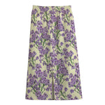 Watercolor Lavender Pattern Print Cotton Front Slit Maxi Skirt