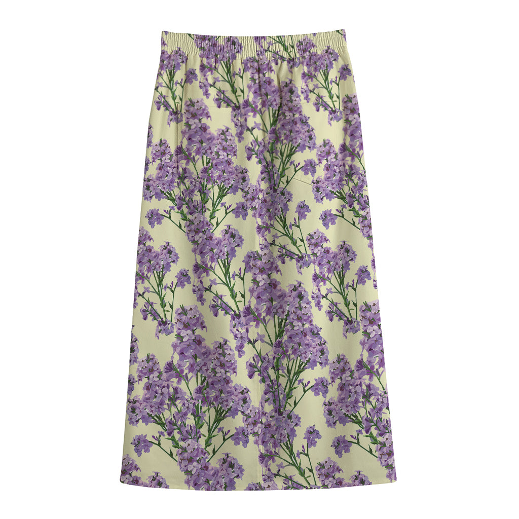 Watercolor Lavender Pattern Print Cotton Front Slit Maxi Skirt