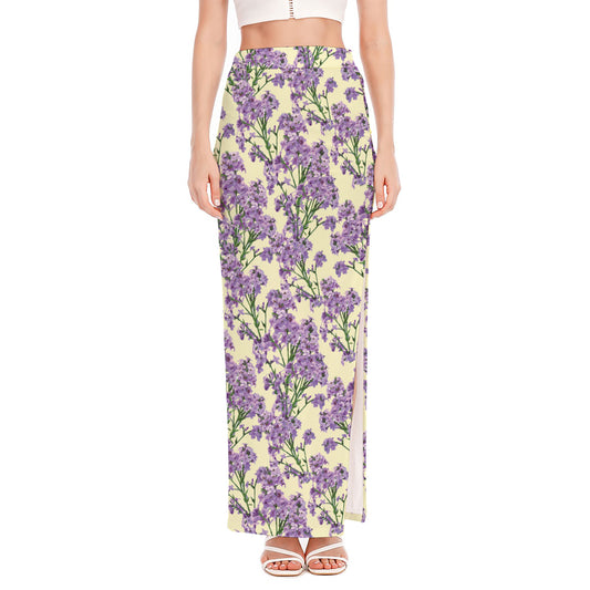 Watercolor Lavender Pattern Print High Slit Maxi Skirt