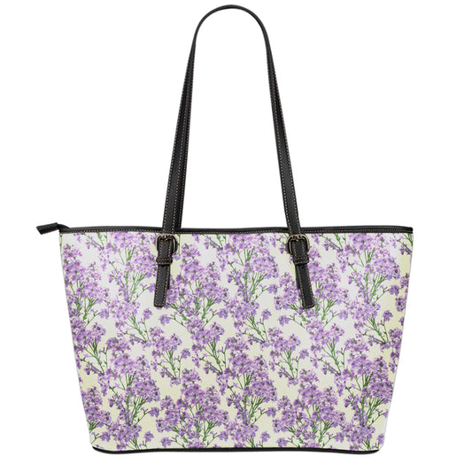 Watercolor Lavender Pattern Print Leather Tote Bag