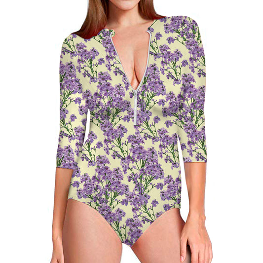 Watercolor Lavender Pattern Print Long Sleeve Swimsuit