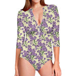 Watercolor Lavender Pattern Print Long Sleeve Swimsuit