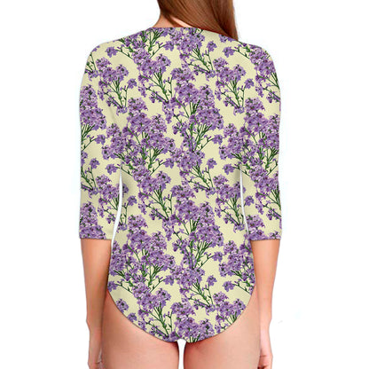 Watercolor Lavender Pattern Print Long Sleeve Swimsuit