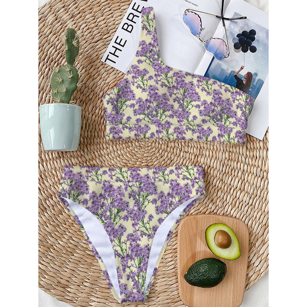 Watercolor Lavender Pattern Print One Shoulder Bikini Top