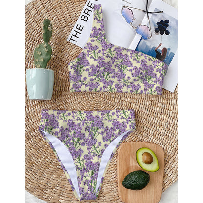Watercolor Lavender Pattern Print One Shoulder Bikini Top