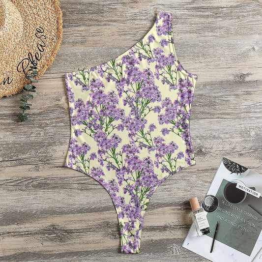 Watercolor Lavender Pattern Print One Shoulder Bodysuit