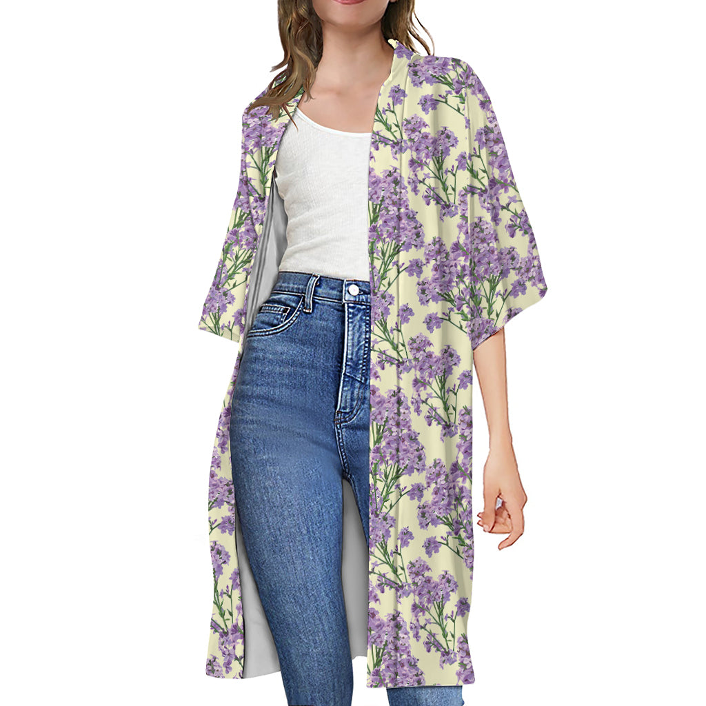 Watercolor Lavender Pattern Print Open Front Beach Cover Up