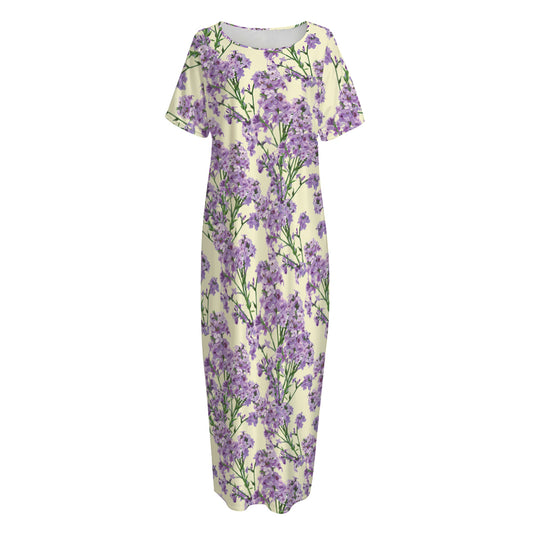 Watercolor Lavender Pattern Print Short Sleeve Long Nightdress