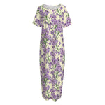 Watercolor Lavender Pattern Print Short Sleeve Long Nightdress