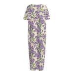 Watercolor Lavender Pattern Print Short Sleeve Long Nightdress