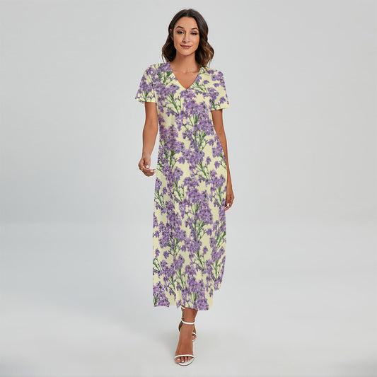 Watercolor Lavender Pattern Print Short Sleeve Maxi Dress