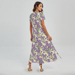 Watercolor Lavender Pattern Print Short Sleeve Maxi Dress