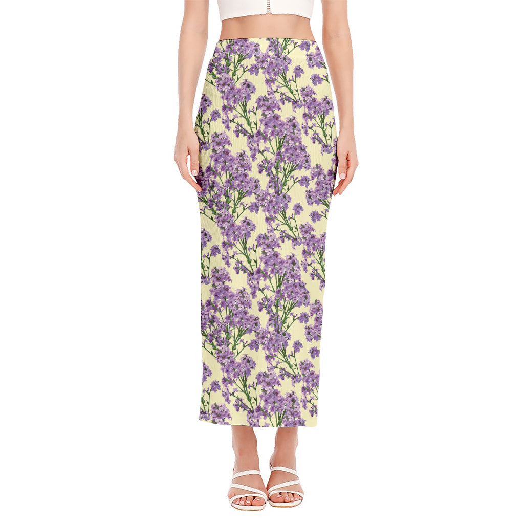 Watercolor Lavender Pattern Print Side Slit Maxi Skirt