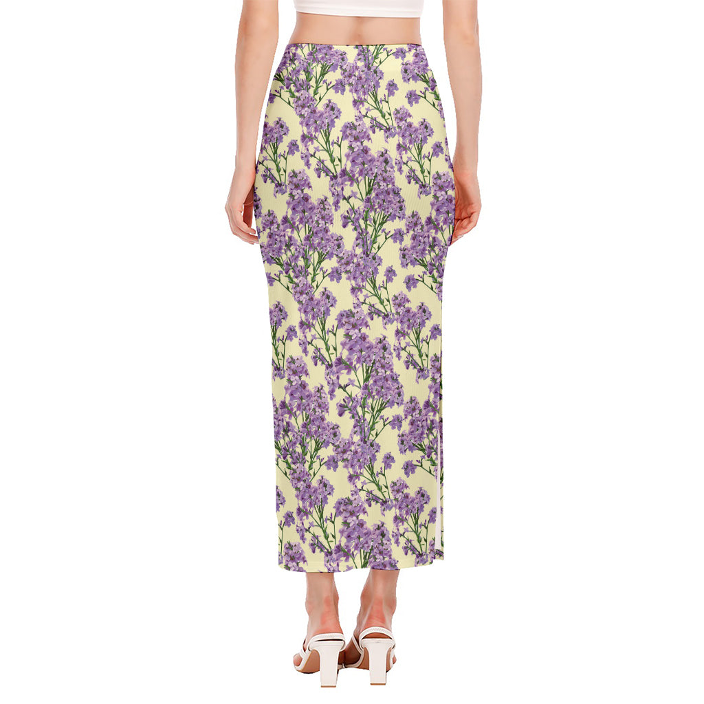 Watercolor Lavender Pattern Print Side Slit Maxi Skirt